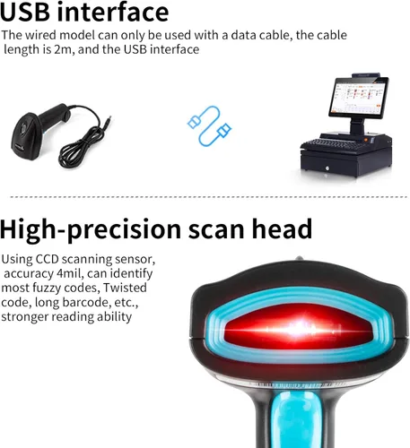 Vista 3 de Escáner de código de barras USB 1D con cable CCD, lector de código de barras compatible con pantalla, escáneres de código de barras para tienda