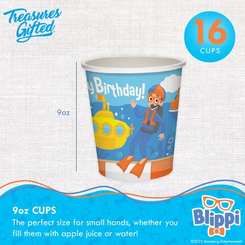 Vista 2 de Treasures Gifted Vehículo de tazas Blippi con licencia oficial de 16 unidades - 9 onzas - Suministros para fiesta de cumpleaños Blippi