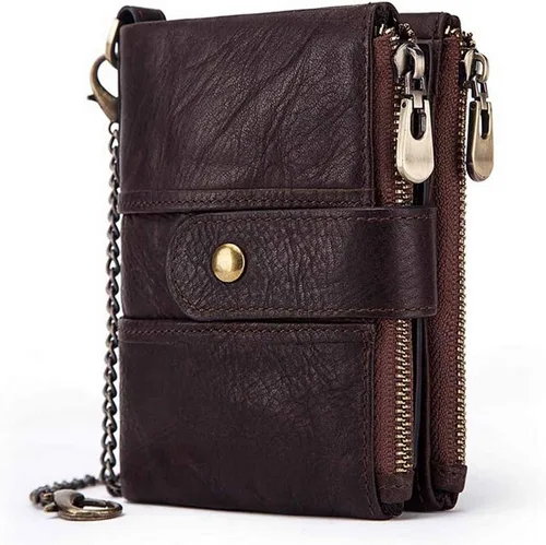 Vista 21 de boshiho Carteras de cuero auténtico con bloqueo RFID para hombre, billetera de doble pliegue con bolsillo para monedas con cremallera, con cadena