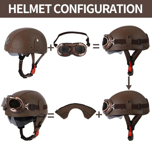 Vista 5 de Cascos de Motocicleta de Estilo Alemán, Medio Casco de Cuero Retro, Aprobado por el DOT, para Adultos, Hombres y Mujeres, Casco de Media Cara Marrón
