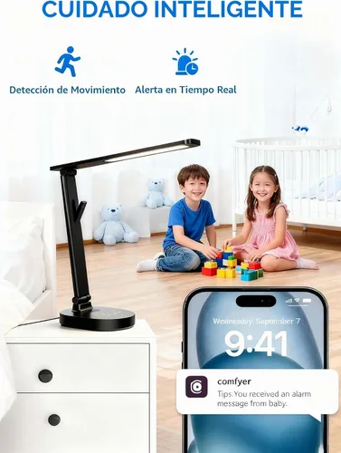 Vista 4 de Monitor de bebé inteligente WiFi con cámara, lámpara de escritorio para el cuidado de los ojos con 5 brillo, monitores de bebé 2k HD, conversación