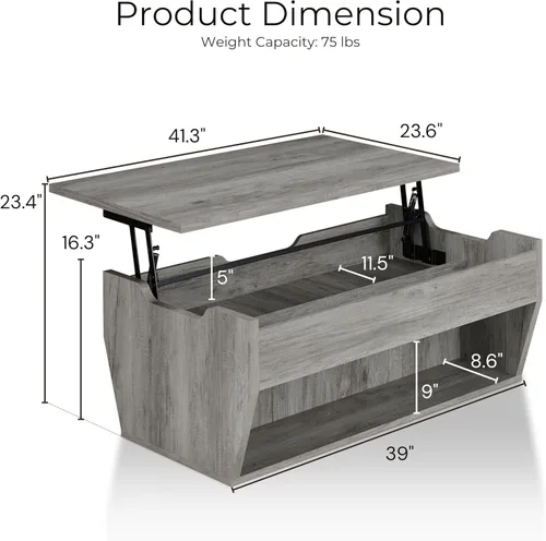 Vista 3 de 24/7 Shop at Home Pavie - Mesa de centro elevable de 42 pulgadas para comedor, diseño de granja con mesa ajustable en altura, almacenamiento Gris