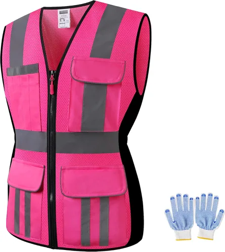 Vista 14 de Chaleco de seguridad para mujer, múltiples bolsillos, de alta visibilidad, reflectante, malla transpirable, chaleco de trabajo para dama, cremallera