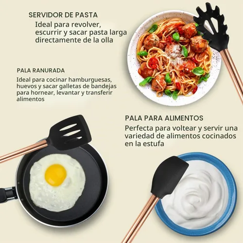 Vista 3 de MIBOTE Juego de utensilios de cocina de silicona, mango de madera, café