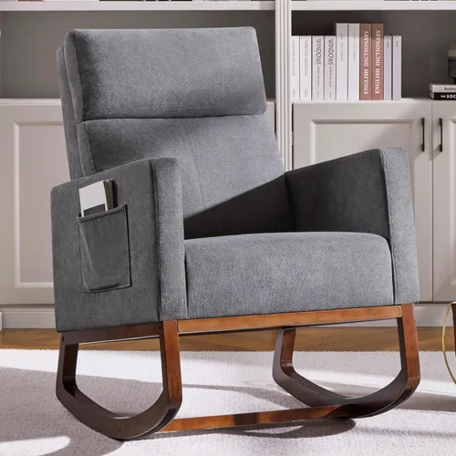 Vista 12 de Yaheetech Mecedora, moderna silla deslizante, sillón reclinable con patas de madera y bolsillo lateral, silla mecedora para guardería con respaldo