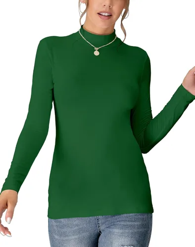 Vista 14 de Camiseta Top sin Mangas de Manga Larga para Mujer, Cuello de Tortuga Simulado, Básica, Ajuste Elástico, Suéter Ligero, Camisa Entallada Verde militar
