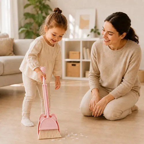 Vista 5 de Mini escoba con recogedor para niños, juego de pequeño ayudante de limpieza (rosa)