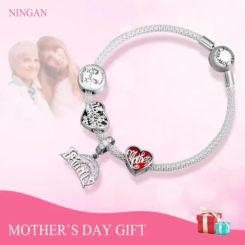 Vista 6 de NINGAN Dijes con dije de trébol de corazón con texto en inglés "I Love My Family" para mujer, regalo para mamá, familia, hermana, amigas