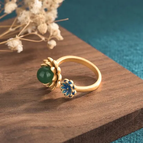 Vista 7 de Anillos de jade de loto chino para mujer, anillo étnico ajustable de apertura, Esmalte, No