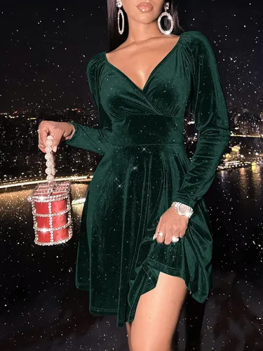 Vista 9 de Sexyasasii Vestido corto de terciopelo con cuello en V y manga larga para mujer, con brillantina, línea A, para cóctel, fiesta, swing y acampanado