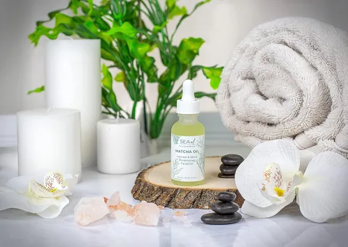 Vista 6 de Sea-El Aceite facial Matcha para el cuidado de la piel, mezcla de aceite facial hidratante de té verde y algas marinas, calmante y profundamente