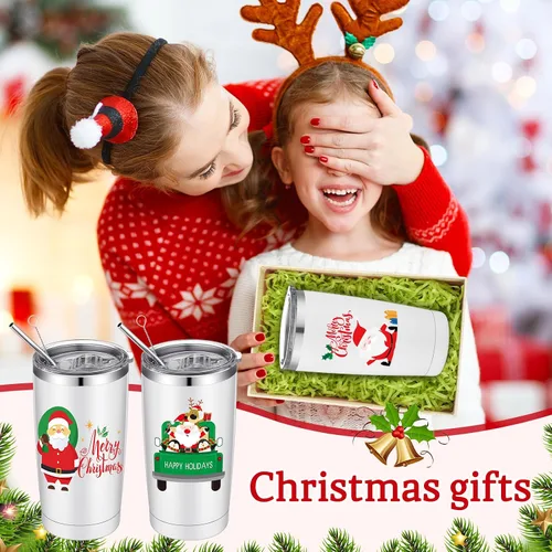Vista 5 de 12 Piezas Vasos Navideños de Regalo 20oz Vaso de Viaje Navideño Taza Navideña de Acero Inoxidable Aislado Taza de Café con Tapa y Pajita para Regalo