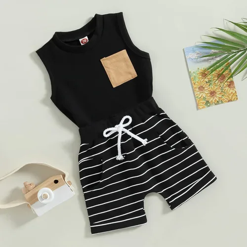 Vista 7 de Conjunto de pantalones cortos para niños pequeños, camiseta estampada junto al mar, 2 piezas, ropa de verano