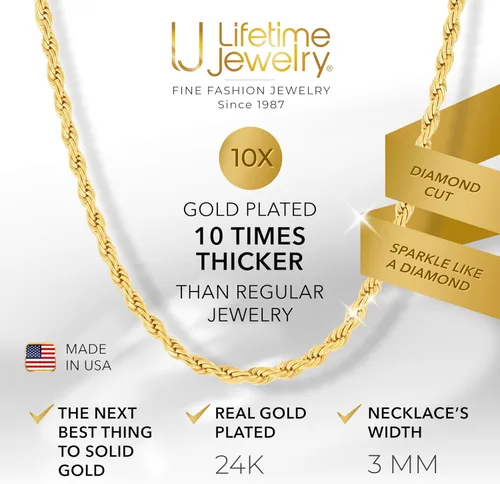 Vista 2 de LIFETIME JEWELRY 24k Real Gold Plated 3mm Gold Rope Chain for Men & Women Diamond Cut Gold Chain Necklace Women & Necklace for Men 14 to 36 Inch