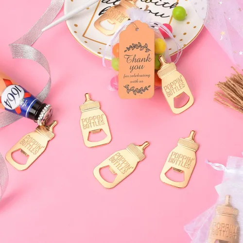 Vista 5 de 24 piezas de regalos de baby shower para invitados, diseño Poppin, abrebiberones, regalos de devolución o recuerdos con etiquetas de regalo y bolsas