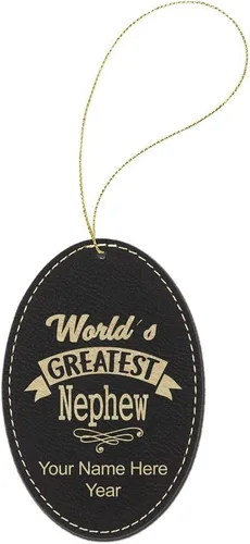 Vista 2 de LaserGram Personalized Christmas Ornament, World's Greatest Nephew, Faux Leather, Custom Laser Engraved Gift Idea (Oval Shape, Black with Gold)