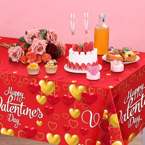 Vista 5 de WovWeave Mantel de plástico de 3 piezas de San Valentín, diseño de corazón rojo y dorado, para el Día de San Valentín, desechable, rectangular