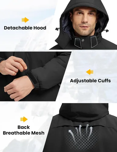 Vista 6 de Rdruko Chaqueta impermeable de esquí para hombre, abrigo de montaña con capucha de forro polar aislado de invierno, negro, XL