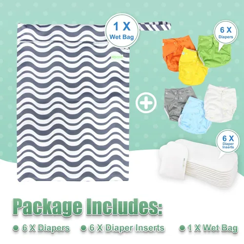 Vista 6 de wegreeco Pañales de tela, paquete de 6 con 6 insertos y 1 bolsa húmeda, pañales de tela lavables para bebés, talla única ajustable reutilizable