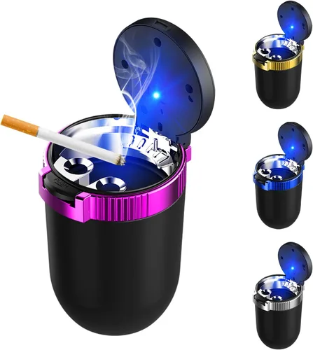 Vista 10 de Ohleats Cenicero de coche con tapa, cenicero desmontable de acero inoxidable con luz LED azul, cenicero portátil mini para vehículo, portavasos