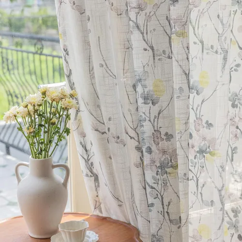 Vista 14 de SUOUO Cortinas blancas semitransparentes con hojas azules para dormitorio, comedor, sala de estar, lino texturizado de 84 pulgadas de largo