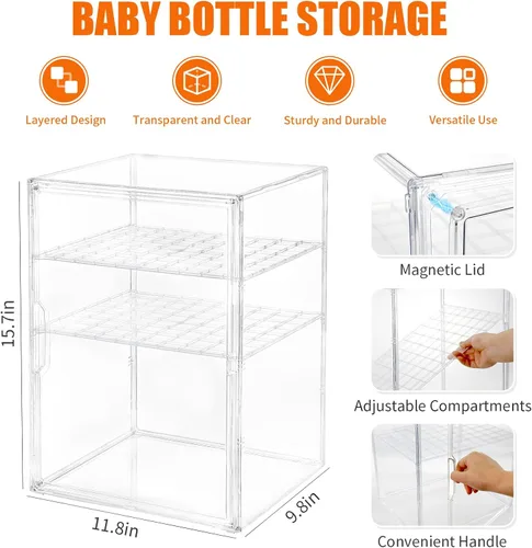 Vista 2 de YESGIRL Organizador de biberones transparente de 3 niveles, almacenamiento acrílico apilable transparente con cajón para encimera, estación