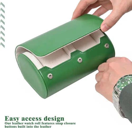 Vista 3 de Flyroom Estuche de viaje para 2 relojes, caja de reloj para mujeres y hombres, portátil, de lujo, de cuero, organizador de rollos de almacenamiento