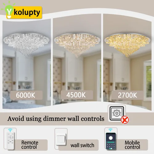 Vista 4 de ykolupty Lámpara de araña W47.2 para sala de estar y comedor, moderna lámpara de techo de cristal LED, regulable 2700-6000K