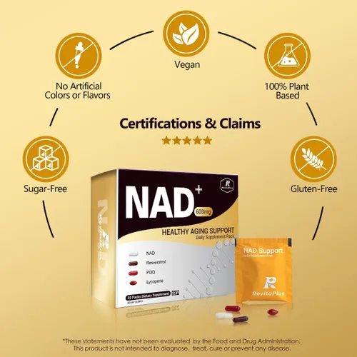 Vista 5 de Suplemento NAD con resveratrol, PQQ, Ca-AKG, nicotinamida, té verde, suplemento avanzado NAD+ paquete diario que apoya mitocondrias saludables