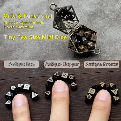 Vista 4 de Haxtec Juego Mini de Dados de Metal DND con Estuche de Collar Hueco Juego de Dados de Metal Pequeños Antiguos Juego de Llaveros D&D Portátil Juego
