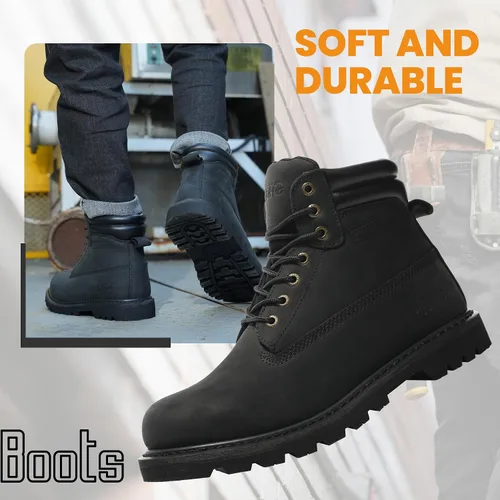 Vista 6 de Botas de trabajo para hombre, impermeables, con puntera suave, antideslizantes, cómodas, botas de trabajo de cuero
