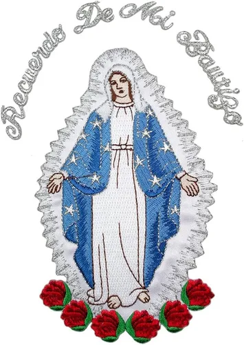 Vista 3 de Parche bordado completo con apliques de Virgen María, diseño plateado metálico de Santa María (sin letras)