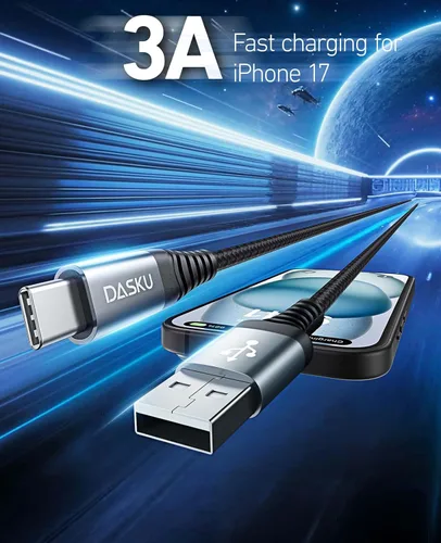 Vista 112 de Dasku iPhone 17 USB C a USB C de carga rápida, 60 W (3.1 A), paquete de 2 cables cargador de carga de 3 pies tipo C para iPhone 17/16/15/15 Plus/15