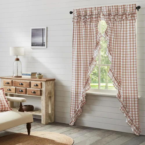 Vista 14 de VHC Brands Annie Buffalo - Cortinas de cocina de algodón a cuadros con bolsillo para barra, cordón de amarre con volantes, par de botes de pradera