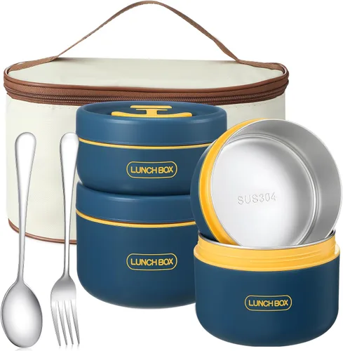 Vista 7 de Dandat 4 Piezas Caja Bento Aislada Contenedor Portátil de Acero Inoxidable para Alimentos Redondo Apto para Microondas Apilable A Prueba de Fugas