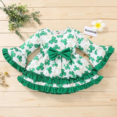 Vista 6 de TBUIALL Vestido para niña pequeña, vestido de manga acampanada con volantes para el día de San Patricio, estampado floral, lindo, suave, para niñas