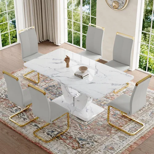 Vista 19 de JUFU Juego de mesa de comedor moderno para 4, juego de mesa de cocina rectangular de 63 pulgadas con mesa de mármol sintético y 4 sillas tapizadas