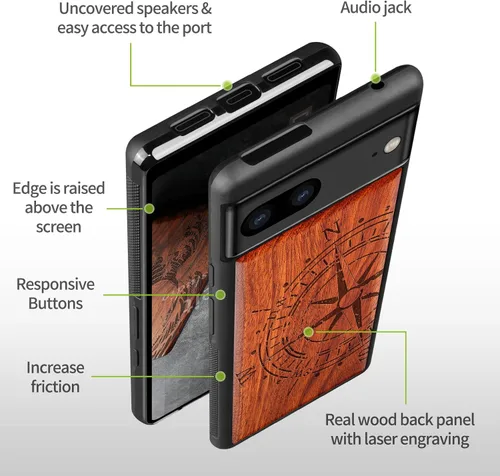 Vista 6 de Carveit Funda de madera para Pixel 7 [madera natural y TPU suave negro] a prueba de golpes, funda de madera única y elegante compatible con Google