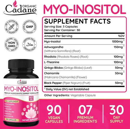Vista 2 de Organic Cadane Myo Inositol & Ashwagandha Cápsulas con Rhodiola, L-Teanina, Ginkgo Biloba y más Apoya el equilibrio corporal y digestivo Vegano