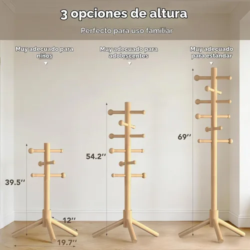 Vista 4 de Perchero de madera independiente con 12 ganchos, 3 alturas ajustables, perchero de pie para sombrero y perchero para espacios pequeños, entrada