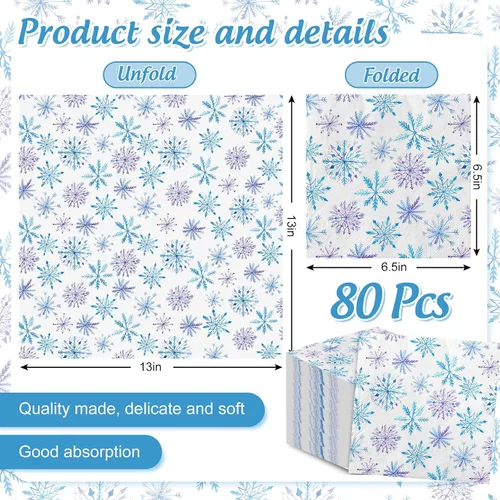 Vista 2 de 80 servilletas de papel de Navidad desechables con copos de nieve azules y morados, servilletas de cena de acuarela de invierno para Navidad