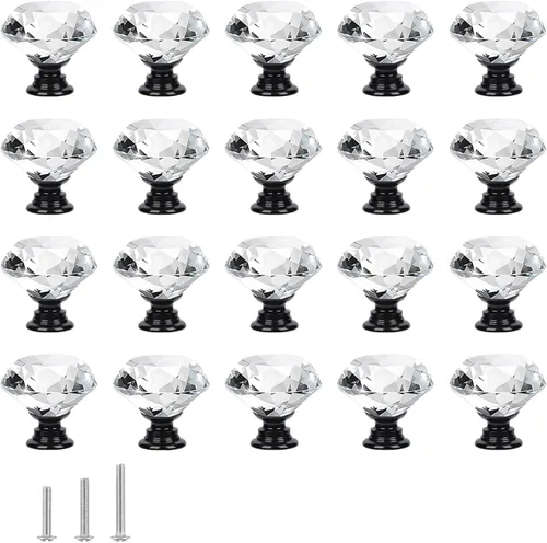 Vista 13 de 6 pomos de cristal de cristal de 1.18 pulgadas para cajones, pomos negros en forma de diamante, manijas con tornillos para cocina, baño, tocador