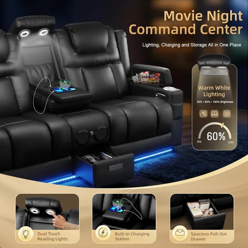 Vista 6 de Sofá reclinable eléctrico, asiento de cine en casa con consola abatible, sofá biplaza reclinable de pared con luz LED, puertos USB, sofá de casa