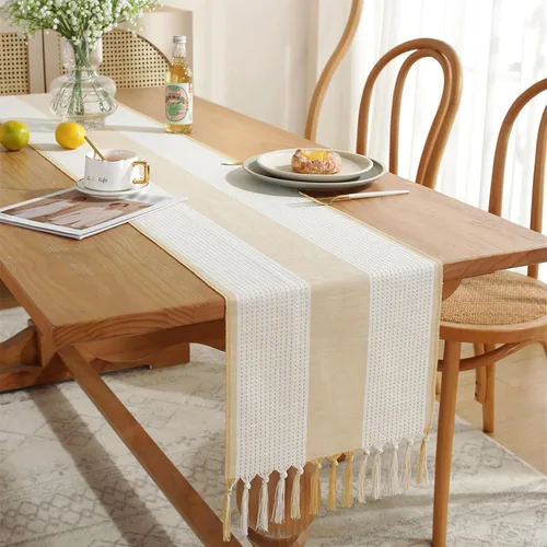 Vista 7 de Hsvanyr Camino de mesa trenzado a rayas rectangular con exquisita borla para cocina, comedor, picnic, mesa de café, 13 x 63 pulgadas, a prueba