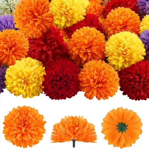 Vista 7 de 40 cabezas de flores de caléndula de 2.75 pulgadas a granel, flores artificiales de caléndula de seda para Diwali, decoración del hogar, guirnalda