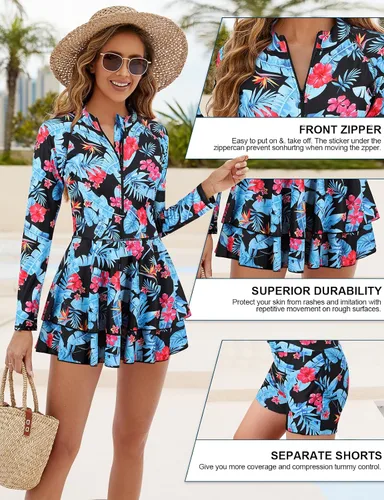 Vista 4 de LURANEE Traje de baño de 2 piezas con cremallera para mujer, traje de baño de manga larga con pantalones cortos para niño y camiseta de natación