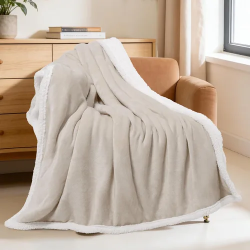 Vista 2 de Beautex Manta de Vellón Sherpa Beige Crema, Manta Suave y Esponjosa de Franela y Felpa, Manta Acogedora y Suavísima para Sofá, Cama y Adultos