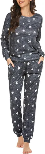 Vista 20 de Ekouaer - Conjunto de pijama de manga larga para mujer, ropa de dormir suave con cuello redondo y bolsillos, conjuntos de ropa de descanso Negro