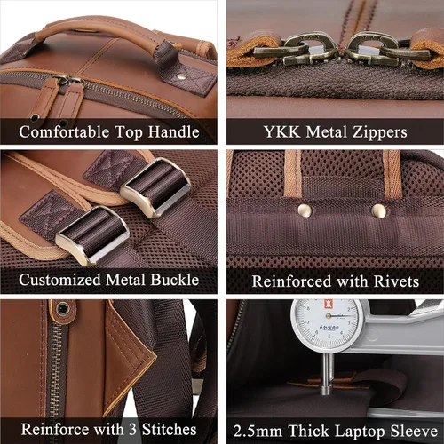 Vista 7 de TIDING Mochila de cuero para hombre para laptop de 16 pulgadas y 15.6 pulgadas, bolsa de trabajo vintage de viaje de negocios, mochila grande