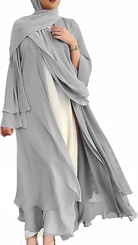 Vista 2 de Vestidos musulmanes de manga larga para mujer con vuelo largo cárdigan islámico con frente abierto bata de gasa Abaya vestido holgado de Dubai